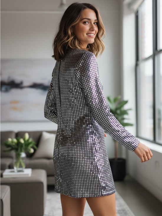 le superbe Dresses & Skirts - Le Superbe Silver Sequin Mirror Disc Long Sleeve Mini Dress - LG NWT MSRP $445